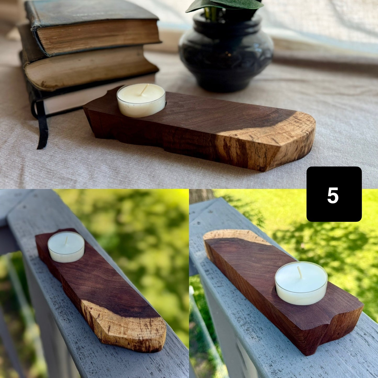 Long slab-style holder with a bold live edge and two-tone grain, styled indoors and outdoors.