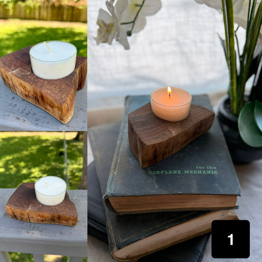 Live edge walnut tea light holder with raw bark side, shown lit and unlit, styled on vintage books