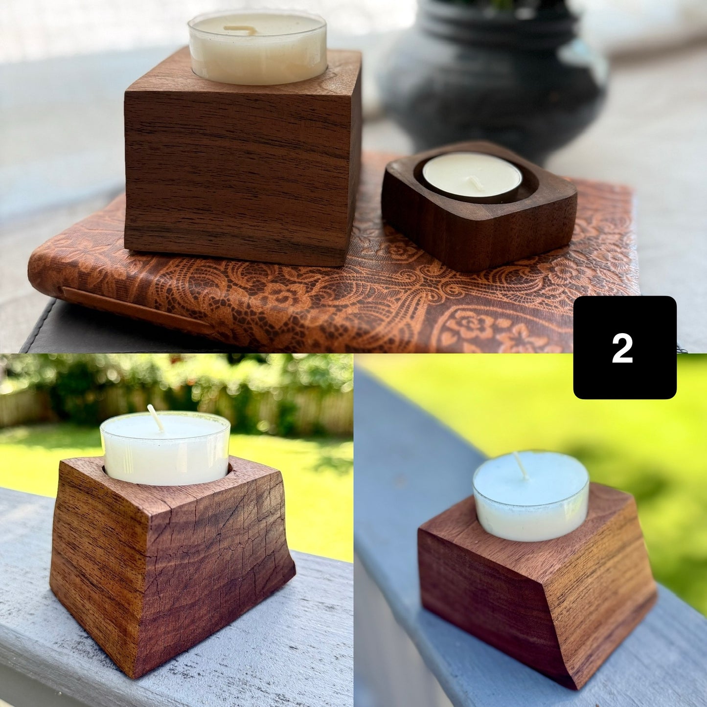 Geometric block-style candle holder with visible wood grain and natural cracking, shown from multiple angles.