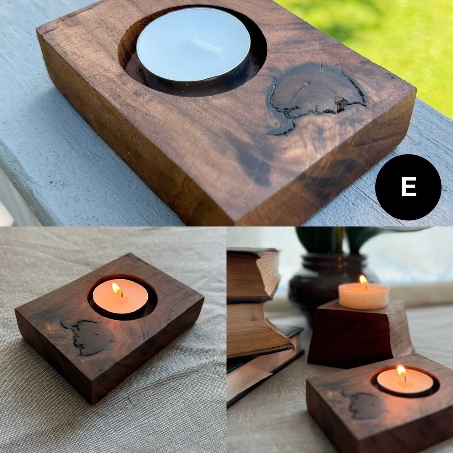 A unique, handcrafted walnut tea light candle holder labeled E. Features a one-of-a-kind shape with visible grain and smooth finish, styled with homey accents