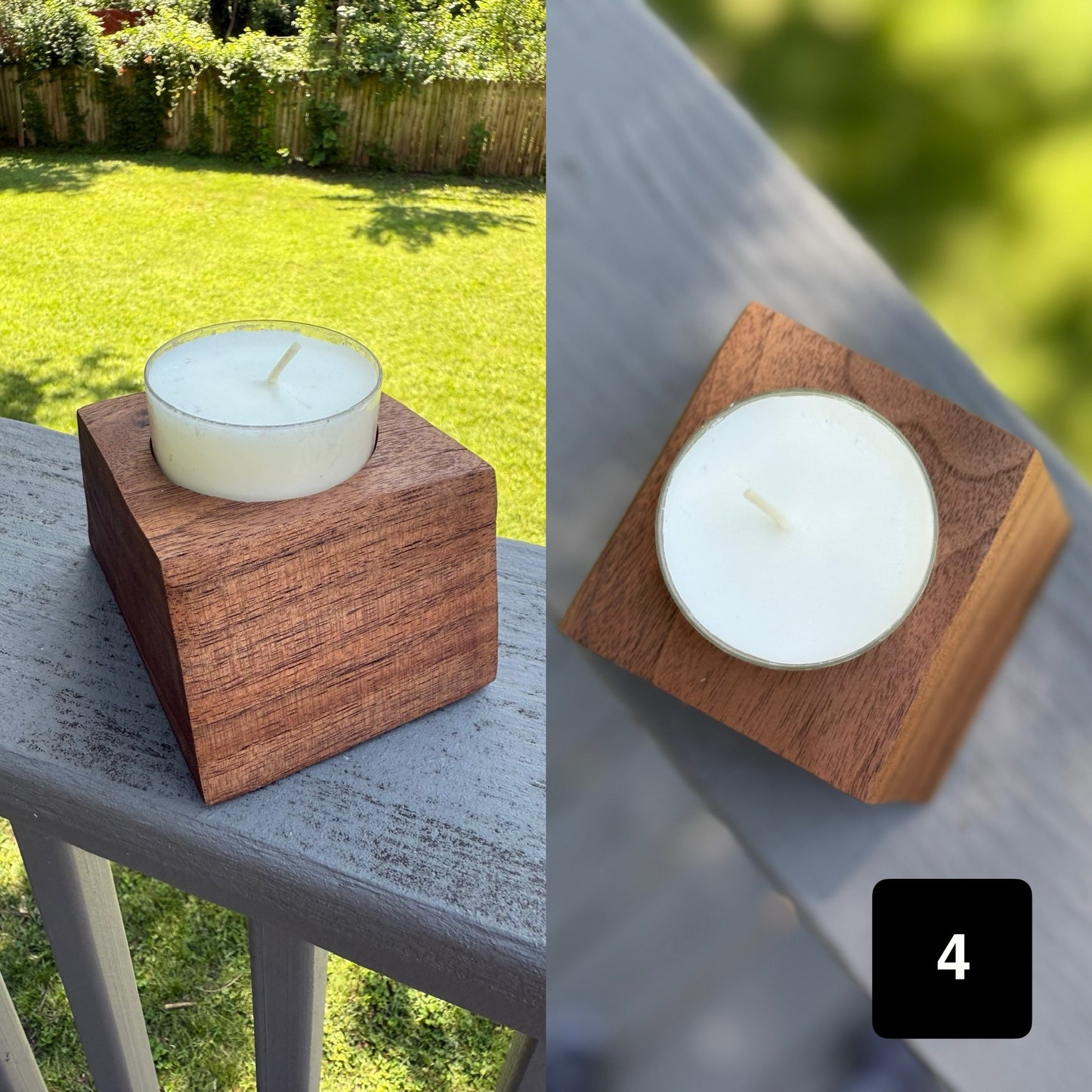 Modern angled block candle holder in warm walnut, shown from top and side on a neutral wood rail