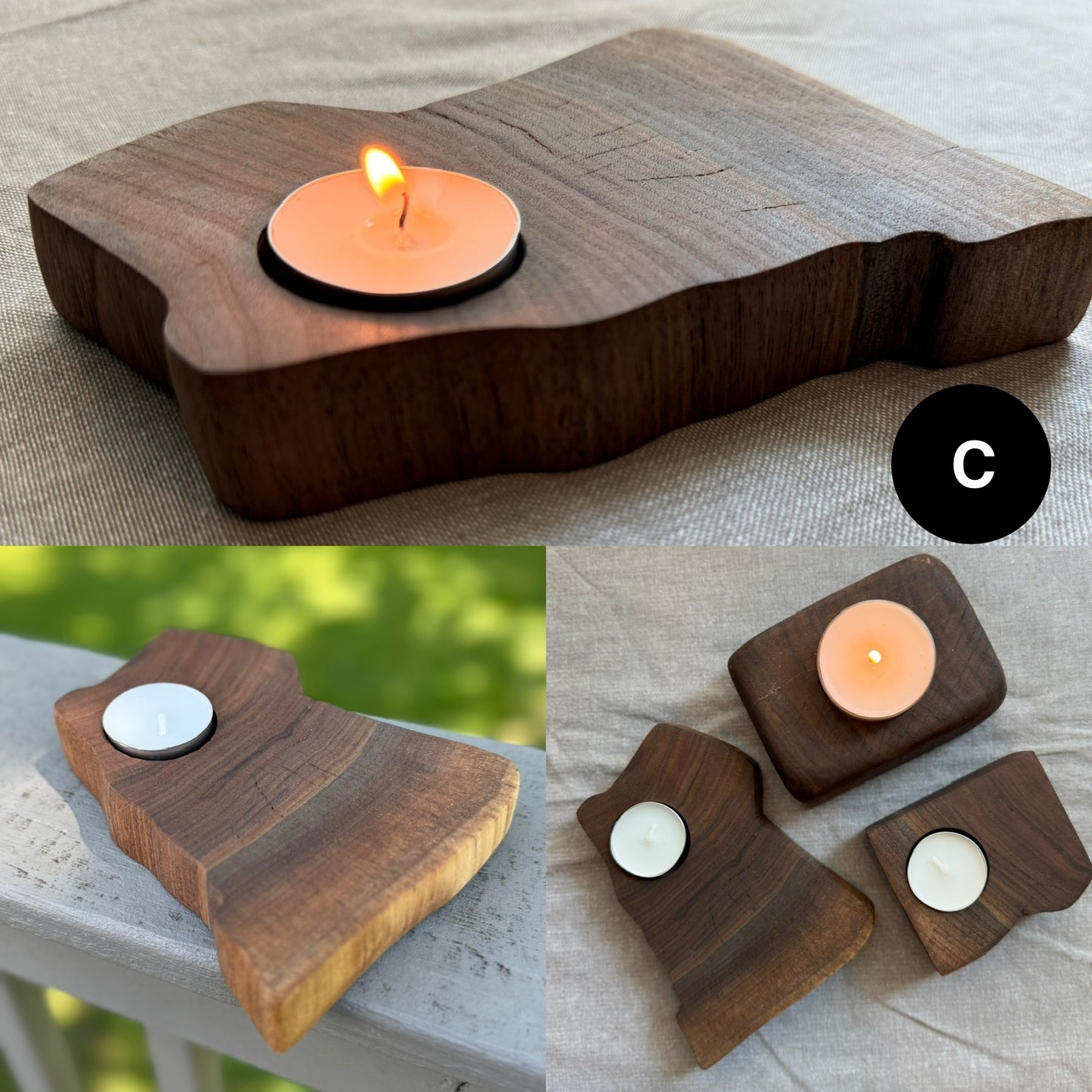 A unique, handcrafted walnut tea light candle holder labeled C. Features a one-of-a-kind shape with visible grain and smooth finish, styled with homey accents.