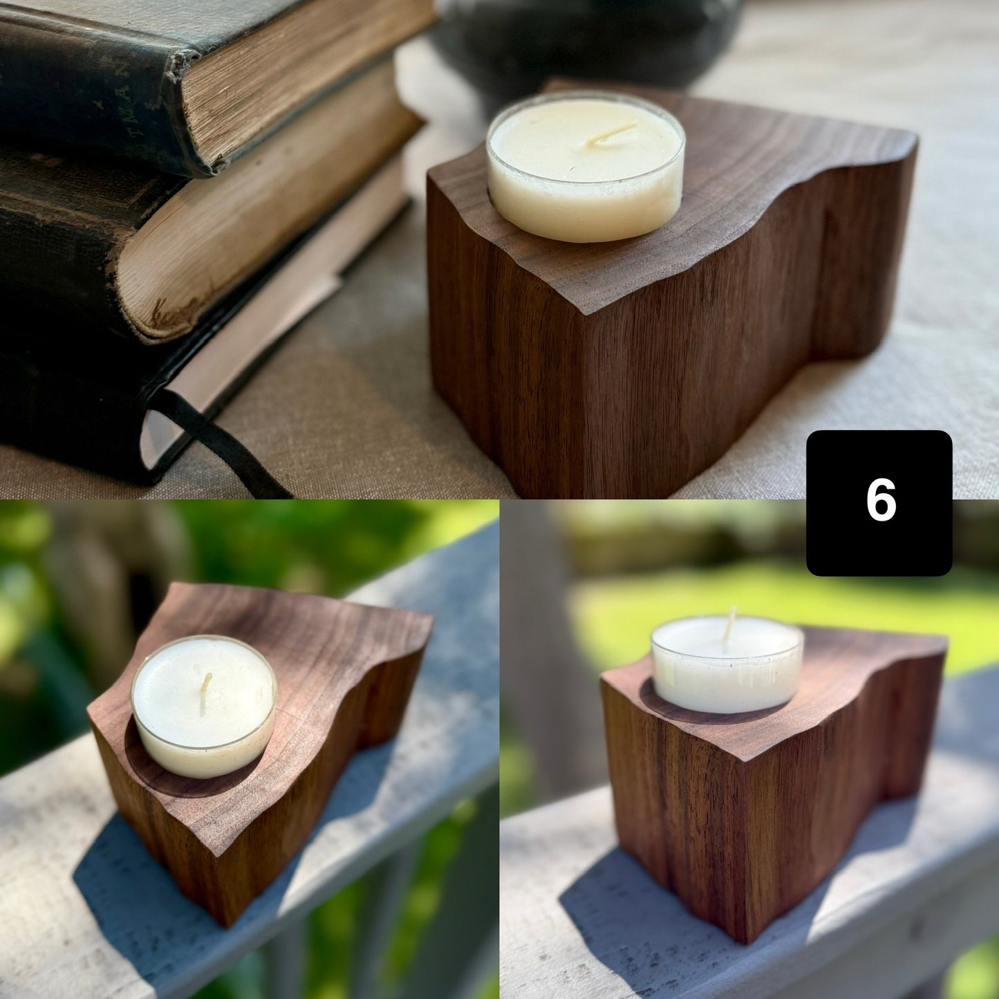 Chunky candle holder with wave-like curves, shown styled with books and outdoors in daylight.