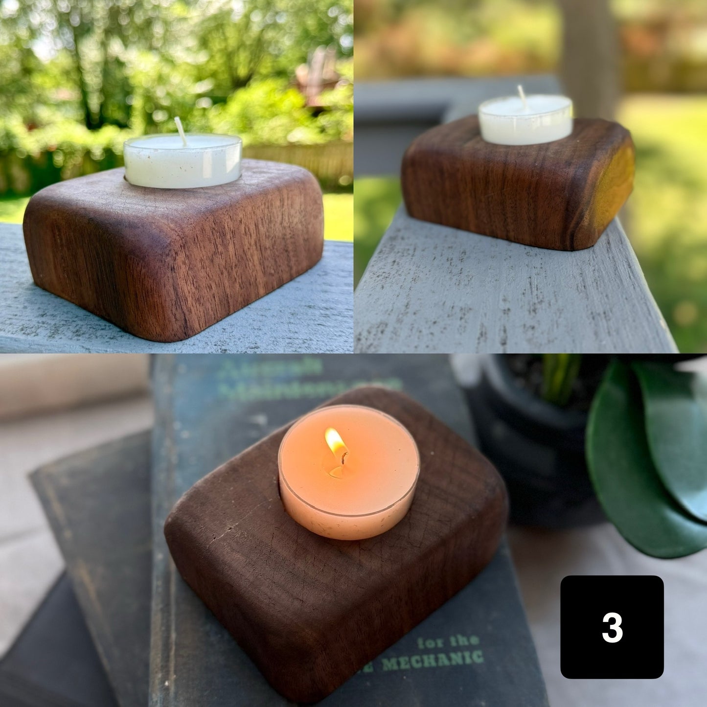 Rounded walnut tea light holder with smooth top, soft matte finish, and candle glowing on vintage book.