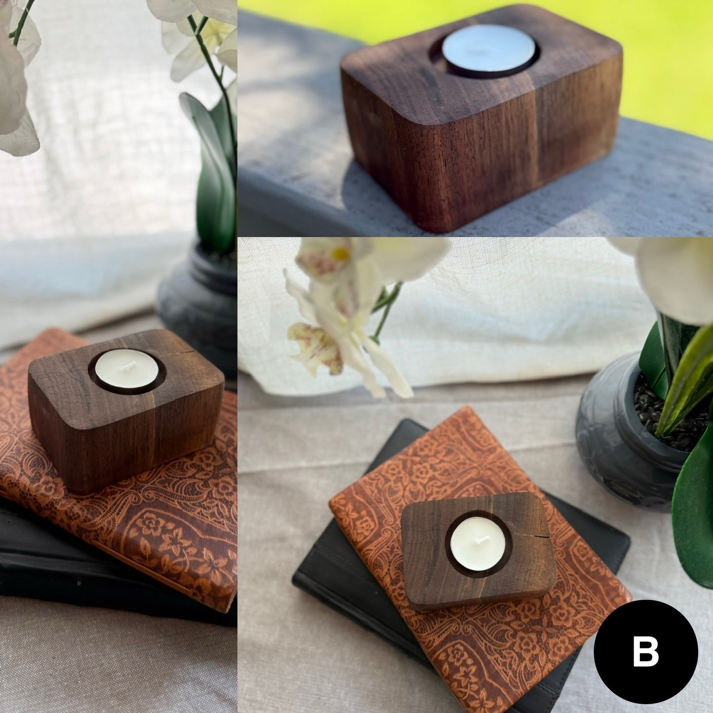 A unique, handcrafted walnut tea light candle holder labeled B. Features a one-of-a-kind shape with visible grain and smooth finish, styled with homey accents.