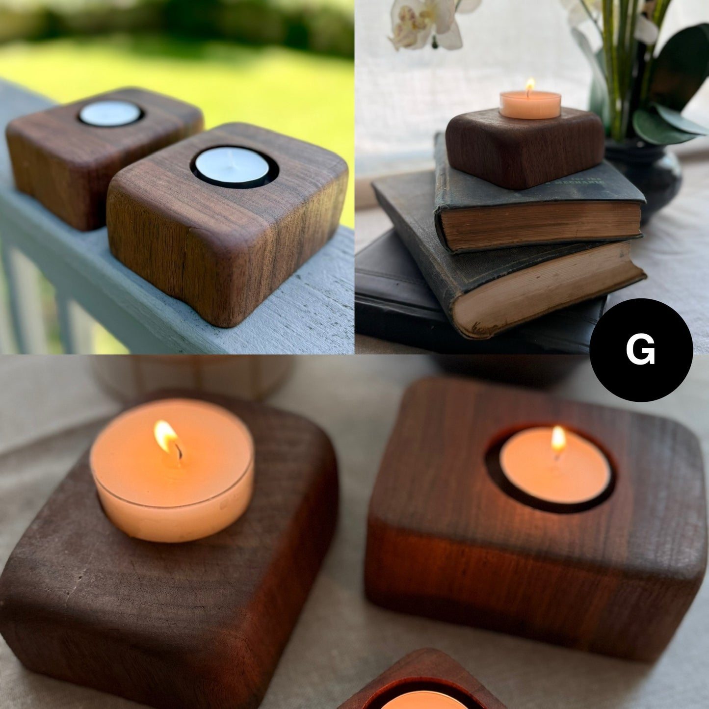 A set of two handcrafted walnut tea light candle holders labeled G, each with a similar shape and rich grain pattern. Shown styled with books, plants, and natural light.