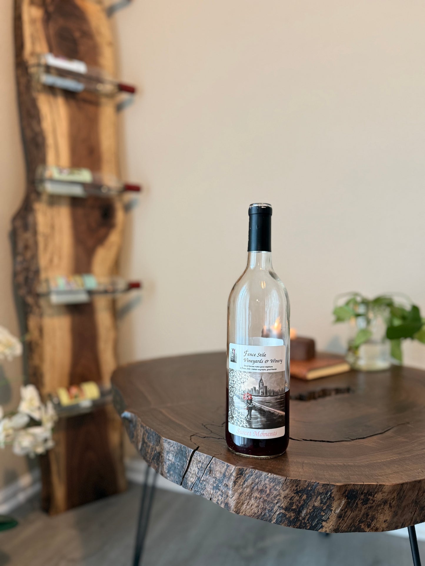 Wine rack in background with wine bottle in foreground.