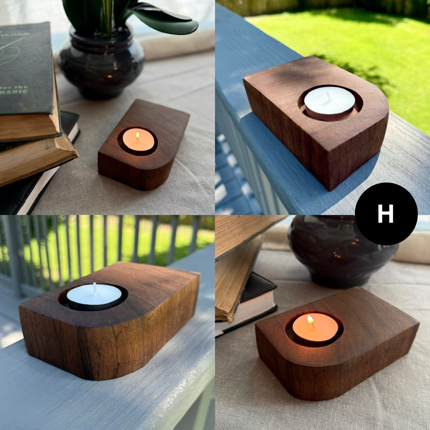 A unique, handcrafted walnut tea light candle holder labeled H. Features a one-of-a-kind shape with visible grain and smooth finish, styled with homey accents