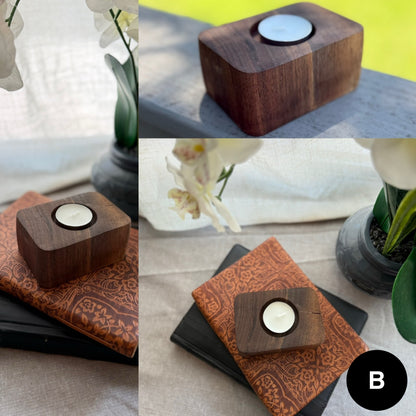 A unique, handcrafted walnut tea light candle holder labeled B. Features a one-of-a-kind shape with visible grain and smooth finish, styled with homey accents.