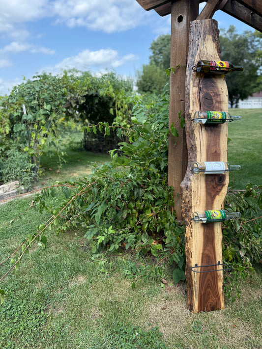 Walnut live edge wine rack pictured in outdoor vineyard