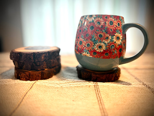 handmade set of 4 drink coasters with natural bark styled with coffee mug